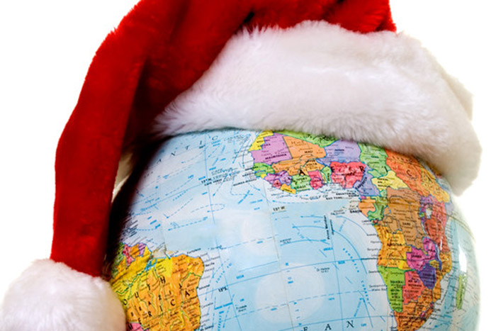 globe with santa hat on